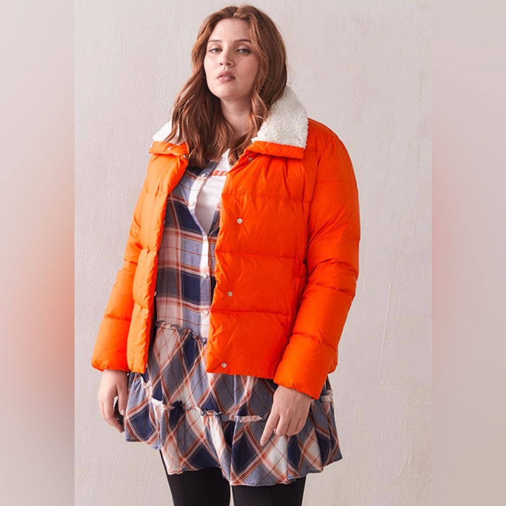 Addition Elle Orange Down Puffer Sherpa Collar Jacket Plus 3X